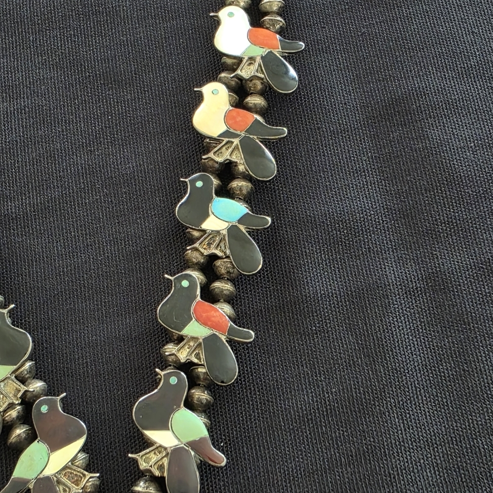 Signed Wesley & Ella Gia Zuni Sterling Squash Blossom Necklace Inlay Birds - Picture 3 of 12